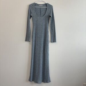 Reformation Lemon Dress Women M Blue Ribbed Knit Long Sleeve Side Slit Scoop